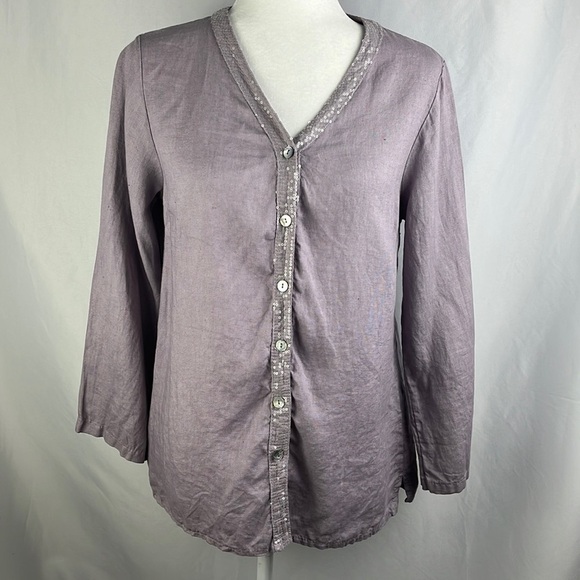 Charlie B Lavender Linen Sequin Button Front Lace Blouse Top Italy Size S - Picture 1 of 12